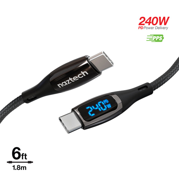 DigiWATT 240W USB-C to USB-C Digital Fast Charge Cable with LED Power Display | 6ft | Black