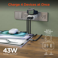 SpeedBoost 43W Three-Port USB-C PD + USB Fast Wall Charger with Built-In Apple Watch Charger | White