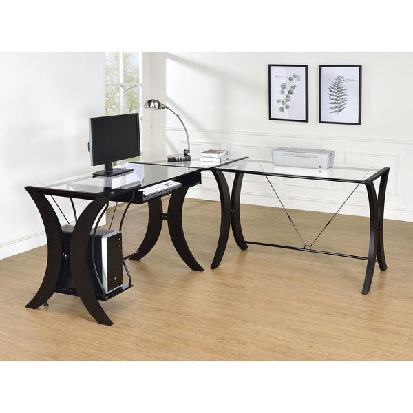Henley Cappuccino L-Shape Computer Desk - 67" Glass Top Office Desk, Espresso Finish, Corner Workspace, Metal Frame, Keyboard Tray, Modern Design for Office