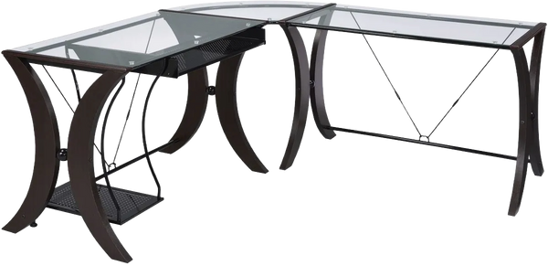 Henley Cappuccino L-Shape Computer Desk - 67" Glass Top Office Desk, Espresso Finish, Corner Workspace, Metal Frame, Keyboard Tray, Modern Design for Office