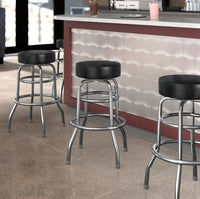 Bar Stool, 2 Rings, Black Seat, Chrome Legs