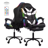 Ergonomic Gaming Chair in Black-White Color With 7 Vibrating Massage Points and Multi-Color Lighting Effects with Foot Rest.