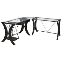 Henley Cappuccino L-Shape Computer Desk - 67" Glass Top Office Desk, Espresso Finish, Corner Workspace, Metal Frame, Keyboard Tray, Modern Design for Office